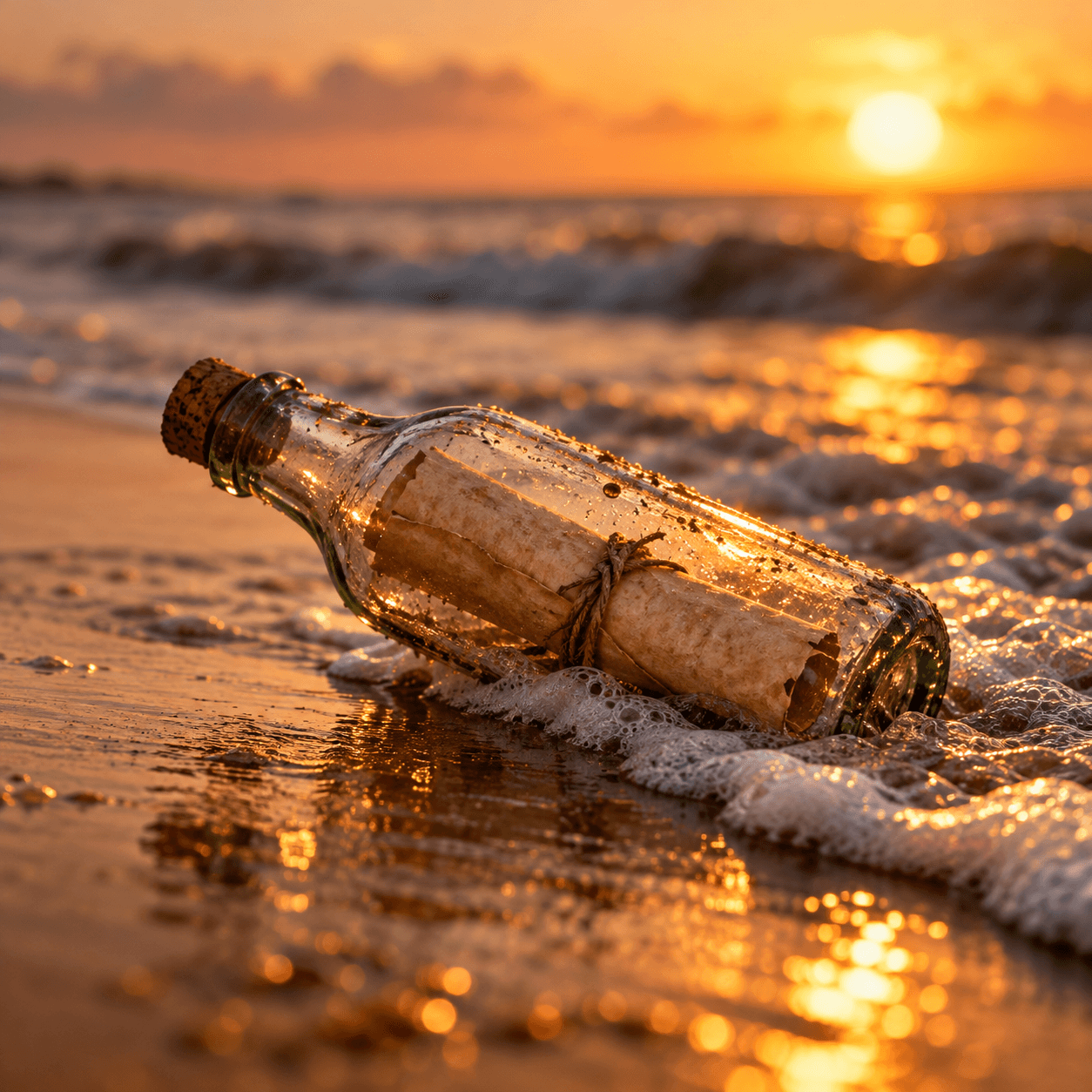 Garrafa com uma carta enrolada e amarrada com barbante, deitada na areia molhada enquanto a espuma da onda chega ao pôr do sol.
